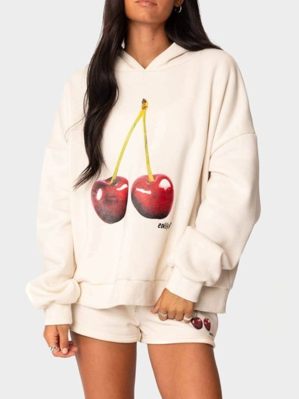 Edikted Cherry Graphic Oversized Hoodie Cream S